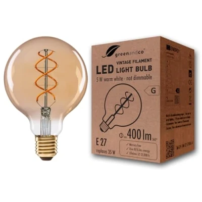 Imagen de greenandco® Ampoule à Filament LED Vintage E27 G95 5W (équivalent 25W) 250lm 2000K (blanc chaud) 360 230V Verre, aucun scintillement, non gradable