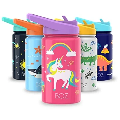 Imagen de BOZ Botella Agua Niños con Pajita Acero Inoxidable 414 ml, Térmica Aislamiento Doble Pared Sin BPA, Isotérmica Antiderrame Asa Apta para el Lavavajillas (Unicornio)
