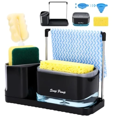 Imagen de Juego de dispensador jabón líquido Bomba,Organizador Fregadero Negro con Bandeja y Soporte para Esponja, Cocina, Lavabo sobre encimera, detergente