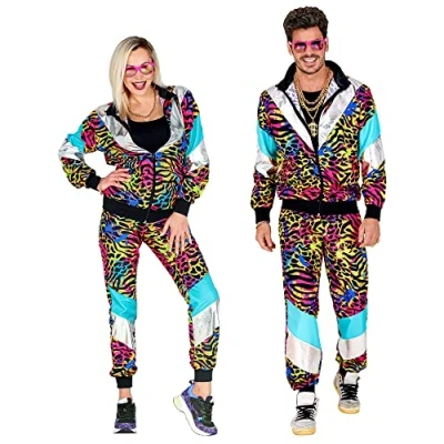 Imagen de Widmann 11773 Disfraz de chándal los años 80, chaqueta y pantalones, cómodo llevar, estampado animal, traje correr, estilo retro, fiesta mal gusto, carnaval, multicolor, talla L