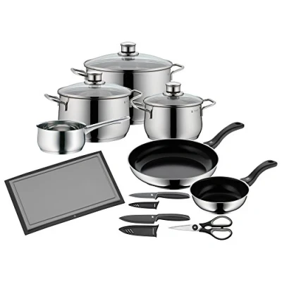 Imagen de Juego de batería cocina y utensilios con 10 piezas WMF, ollas, sartenes, cazo, cuchillos cocina, tijeras, tabla cortar, reborde protector, Diadem Plus, tapa cristal, acero inoxidable pulido Cromargan, aptos para inducción lavavajillas