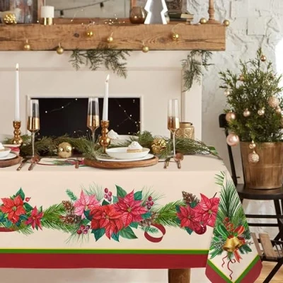 Imagen de mantel rectangular de Navidad, Navidad con diseño cono pino y acebo, poliéster, impermeable, resistente a las arrugas, duradero, para vacaciones, cocina, invierno decoración del