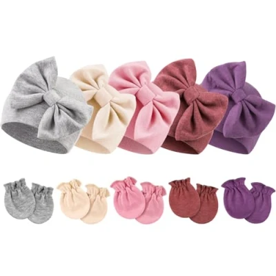 Imagen de DRESHOW Sombrero y Manoplas para Bebé Recién Nacido,5 Sombreros 5 pares de Bebés, Niños, Niñas, 0 6 Meses