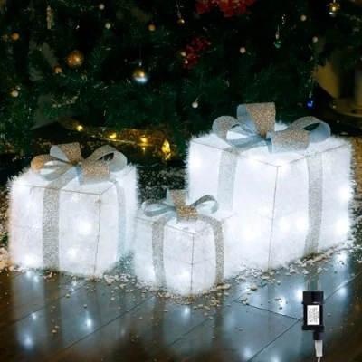 Imagen de CCLIFE Juego de 3 Cajas Regalo con luz LED,Caja Navidad luz, Caja iluminadas para árbol Navidad, hogar, Decoraciones CushHom