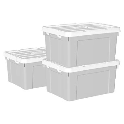Imagen de Cetomo 45L*3 Caja de Almacenamiento con Asa, Plástico Tapa y Cierre Seguro, Contenedor Grande, Duradera, Apilable, Resistentes, Gris, Paquete 3 45L