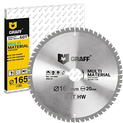 Imagen de GRAFF Hoja de Sierra Circular para Madera Plástico Chapa Aluminio Laminado Disco Corte 165 x 20 mm compatible con Ingletadora Recambio mesa a Batería