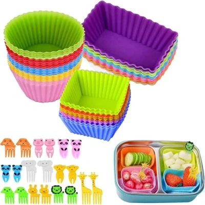 Imagen de 60 divisores de silicona para loncheras, accesorios caja bento, forros cupcakes, lonchera Bento con palillos comida recipientes almuerzo