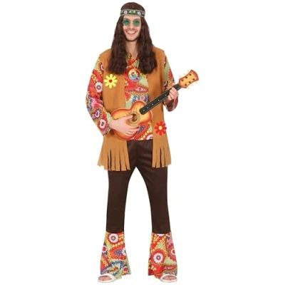 Imagen de FIESTAS GUIRCA Flower Power disfraz hippie para hombre, de carnaval los años 70, incluye parte superior con chaleco flecos y pantalones, talla M 48 50