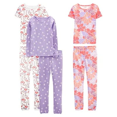 Imagen de Simple Joys by Carter&#039;s 6 Piece Snug Fit Cotton Pajama Set Conjunto de Pijama, Blanco Flamenco/Lila Lunares/Floral, 2 años (Pack 3) para Niñas
