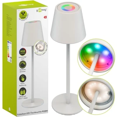 Imagen de goobay Lámpara LED de mesa inalámbrica/regulación continua con control táctil/recargable para uso en interiores y exteriores / 150lm colores luz RGB 3000K blanco cálido, USB C, 73928