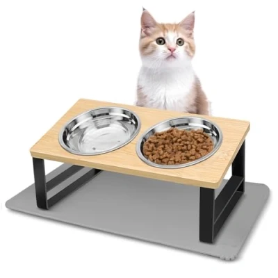 Imagen de Otauoaea Comedero Gato Elevado, Perro, Comederos para Gatos Inclinado 15 Acero Inoxidable con Antideslizante Alfombrilla, Cuenco Antivómitos, y Bebederos Perros