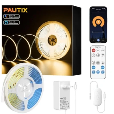 Imagen de PAUTIX WIFI Tira LED COB Blanco Cálido 2700K 10M,480LEDs/M Regulable 24V Flexible CRI90+ Brillo,Inteligente Función con Alexa,RF Remoto y Alimentación para decoración del Hogar de Bricolaje
