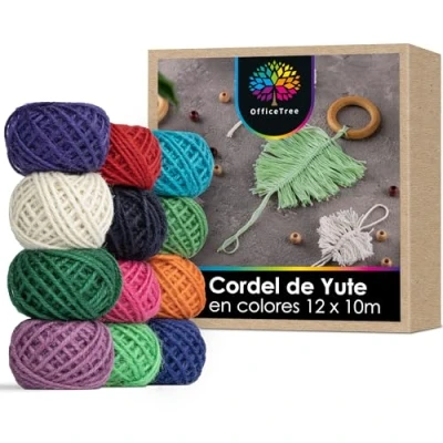 Imagen de OfficeTree 12 x 10m Hilo de Yute Colores 2mm Cuerda Yuta Cordel Manualidades para Decoración y Trabajos Jardinería Envolver Regalos Fina