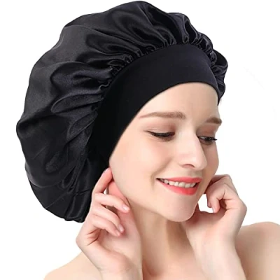 Imagen de Gorro de Dormir Satén, Noche, Banda Ancha Elástica Cubierta Cabeza, Pelo Rizado Ajustable Doble Capa Sombrero Suave para Mujeres y Chicas