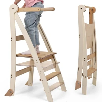 Imagen de Wooden Montessori Learning Tower Space Saving: Foldable Tower, Stool for Children, Kids&#039; Step Stool, with 2 Level Height Adjustable &amp; Anti Tip Protection