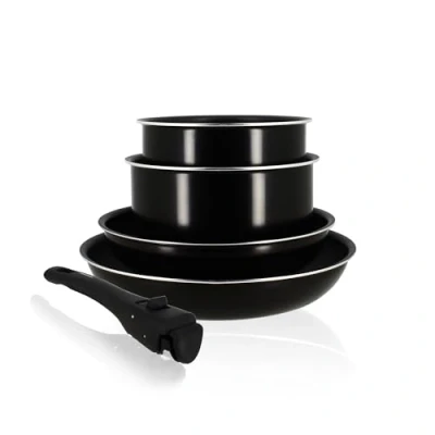 Imagen de Menastyl 6020437 Juego de 5 piezas IRIS aluminio negro inducción, 2 caserolas 16/18 cm + estufas 22/26 1 mango extraíble
