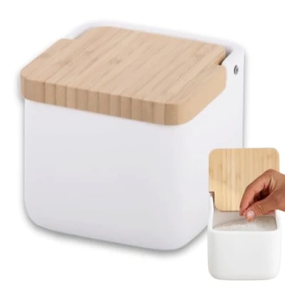 Imagen de KOOK TIME salero de cocina con tapa madera bambú basculante. blanco moderno base cerámica para usar como y azucarero o especieros, 11.2 x cm.