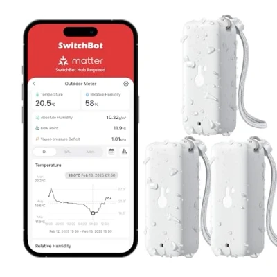 Imagen de SwitchBot IP65 Termómetro Higrómetro de Exterior, 120m Bluetooth Alcance, Termohigrómetro Interior, Punto rocío/VPD/Sensor Humedad Absoluto, Exportación gratuita datos, 2 años Batería