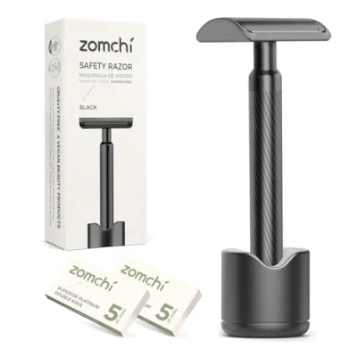 Imagen de ZOMCHI maquinilla de afeitar seguridad con soporte para afeitar, 10 cuchillas reutilizable hombres y mujeres Negro mate