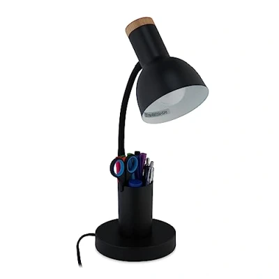Imagen de Relaxdays Lámpara Escritorio con Portalápices, Flexo Estudiar, Luz Mesita Noche, Metal, 46,5x14,5x17 cm, E27, Negro, Hierro