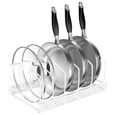 Imagen de Fousenuk Organizador de Sartenes, Soporte Sartenes Cocina, Separador Ajustable con 7 Compartimentos, Estante para Almacenar Ollas y Tapas, Sujeta Tapas Cocina Metal (Blanco)
