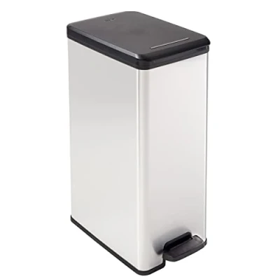 Imagen de Curver Cubo de basura Slim con pedal 40L, acabado color acero, tapa cierre amortiguado y aro para bolsa