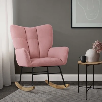 Imagen de ML Design Mecedora con Funda de Rizo Rosa Tumbona Guías Madera Sillón Ergonómico Reclinable Reposabrazos Diseño Elegante Mueble Tapizado para Relax Salón Dormitorio Balcón