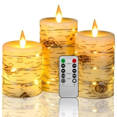 Imagen de Da by vela LED, exterior de abedul, cuerda empotrada, (10cm, 12.5cm, 15cm) 3 parafinas, llama baile LED Control remoto incluido.