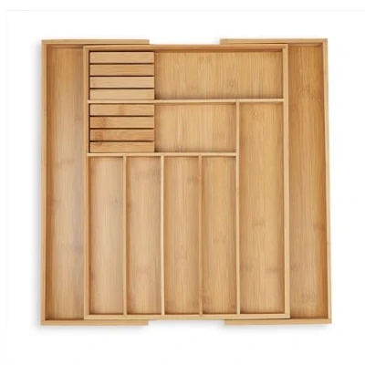 Imagen de Relaxdays Cubertero Cajón Extensible 9 Compartimentos Bambú, Caja Cubiertos y Cuchillos Cocina, 5,5x45x44,5cm, Natural, Tablero de Fibras