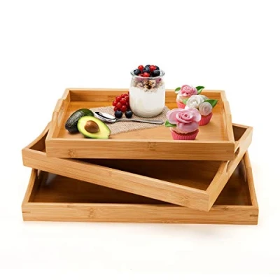 Imagen de bandejas de bambú para Servir con Asas, Bandeja Madera Grandes desayunar Comer Comida, Juego 3 Rectangular Mesa Centro (Natural, 3)