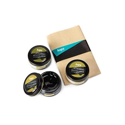 Imagen de Kaps Crema Limpiabotas y Zapatos Profesional con Paño de Algodón Set 3 Blanco/Transparente/Negro 50 ml Fabricado Cera natural Para el Cuidado del Calzado Cuero Sintético