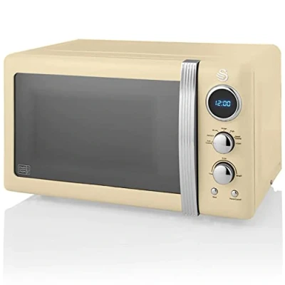 Imagen de Swan Retro SM22030CNEU Microondas Digital 20L, 5 Niveles de Potencia, Función Descongelación, Temporizador 60 Minutos, Puerta Espejo, Plato Giratorio 27 cm, Diseño Vintage, Crema, 800W