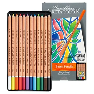 Imagen de CRETACOLOR Pastel Pencils, lápices pastel, para papel granulado y tintado, se pueden mezclar difuminar, combinar, en estuche metálico, colorear con agua, 12 colores