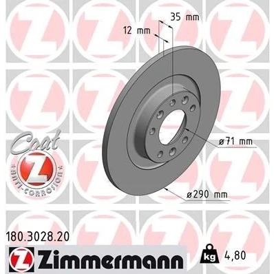 Imagen de ZIMMERMANN COAT Z 180.3028.20 Disco de freno 290 12 7/5 5 108 macizo revestido PEUGEOT: 308 II Hatchback, SW 2, Expert III Furgón
