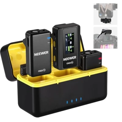 Imagen de NEEWER CM28 Sistema de micrófono inalámbrico Lavalier con Estuche Carga, reducción Ruido 1 Clic, Memoria 4 GB para 9 Horas sin comprimir 48 KHz, Solapa Audio 16 bits,
