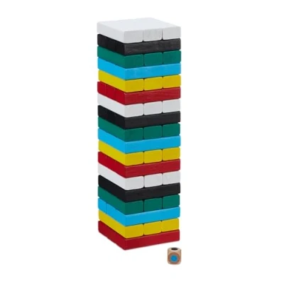 Imagen de Relaxdays Juego Torre de Madera para Apilar, 54 Bloques, Incl. Dado, Diseño 6 Colores, 26, 5 x 7,5cm, Multicolor