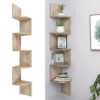 Imagen de MINGYI estantería esquinera de 5 niveles, pared, madera MDF, colgante, en forma zigzag, aprox. 20x20x123 cm (roble)