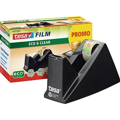 Imagen de tesafilm® EasyCut ecoLogo® Dispensador de Cinta Adhesiva para Escritorio con Base Antideslizante Incluye Rollo Eco &amp; Clear 10 m x 15 mm Color: Negro