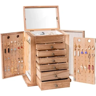 Imagen de Procase Joyero Grande, Organizador para Joyas de Madera 7 Capas con espejo Pendientes Pulseras Collares Relojes Anillos, Almacenamiento Mujeres y Chicas Natural