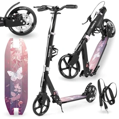 Imagen de HyperMotion Patinete de dos ruedas para adolescentes y adultos, con amortiguador, Skyline, rosa, aluminio, soporta hasta 100 kg, a partir 6 años, grandes, freno mano pierna, correa
