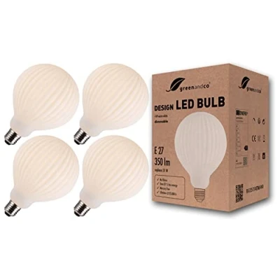 Imagen de greenandco 4x bombilla LED regulable estilo vintage ópalo con rayas E27 G125 4W 350lm CRI90+ 3000K (blanco cálido) 360 230V, sin parpadeo