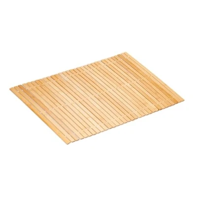 Imagen de Relaxdays Alfombra Baño de Bambú, 80 x 50 cm, Esterilla Ducha Antideslizante, Enrollable, con Cuentas, Natural y Blanco