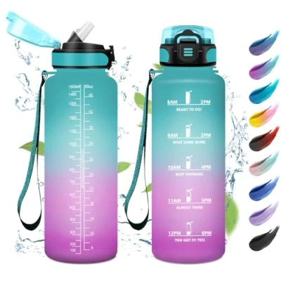Imagen de Botella Agua 1.5L, Deporte con Pajita, Cantimplora Gimnasio, Prueba de Fugas, Marcador Tiempo, Reutilizable, Garrafa para Adulto, Colegio, Camping, Oficina, Gym