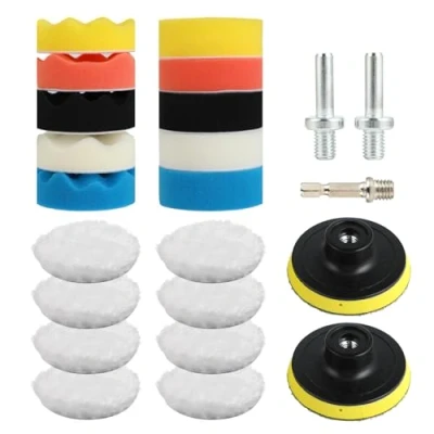 Imagen de 23 Almohadillas de Pulido Set Pulidoras 3 Pulgadas Esponja y Lana Para pulir, lijar, encerar Compatible con taladro, pulidora, coche (Multicolor)