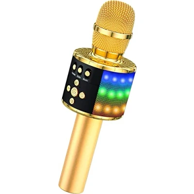 Imagen de BONAOK Micrófono Inalámbrico de Karaoke Bluetooth Luces LED Controlables, Máquina Portátil Karaoke, Altavoz, Regalo Cumpleaños, Juguete Viaje iPhone Android/PC (Dorado Claro)