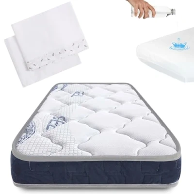 Imagen de Colchón de Cuna 120x60 con Viscoelástica Reversible, Reduce el Riesgo Asfixia. Incluye Protector Impermeable y sábanas. Certificado OEKO TEX CertiPur. Symphony CoolDreams