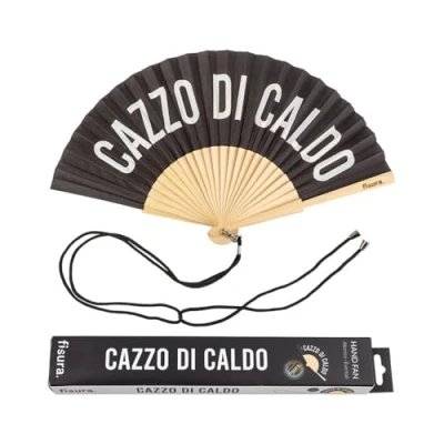 Imagen de Fisura Abanico original con mensaje “c*zzo di caldo. de Madera moderno y gracioso. negro blanco. Medidas: 42,5 x 23 cm. textil.