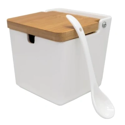 Imagen de NERTHUS FIH 1335 Salero de Porcelana Extragrande Cuadrado con Tapa Madera y Cuchara, Elegancia Funcionalidad en la Cocina