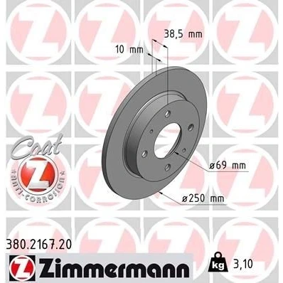 Imagen de ZIMMERMANN COAT Z 380.2167.20 Disco de freno 250 10 6/4 4 114 macizo revestido MITSUBISHI: Colt 6, VI CZC Cabrio, SMART: Forfour I
