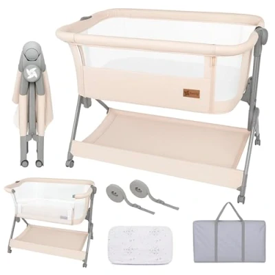 Imagen de Twinly Cuna Colecho bebé Minicuna Viaje portátil, fácil Plegado Compacto Altura Ajustable 5 Posiciones, Nacimiento 0+ hasta 6 Meses Comfortly Bolsa Transporte, colchón, Cesta, sin Montaje (Beige)